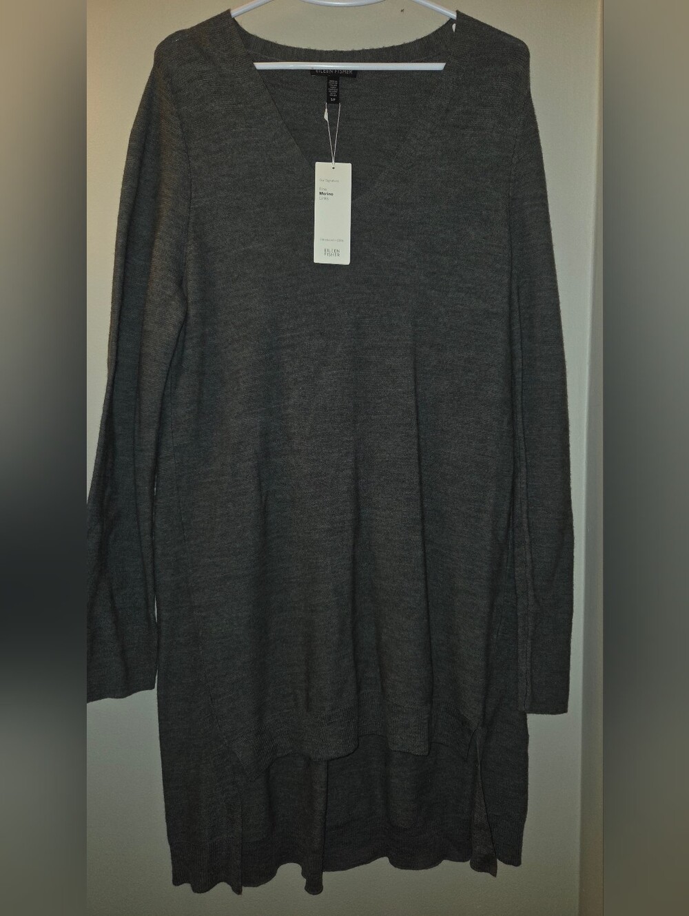 NWT Eileen Fisher Fine Merino Wool V-Neck Tunic Sweater - Ash Petite Small
